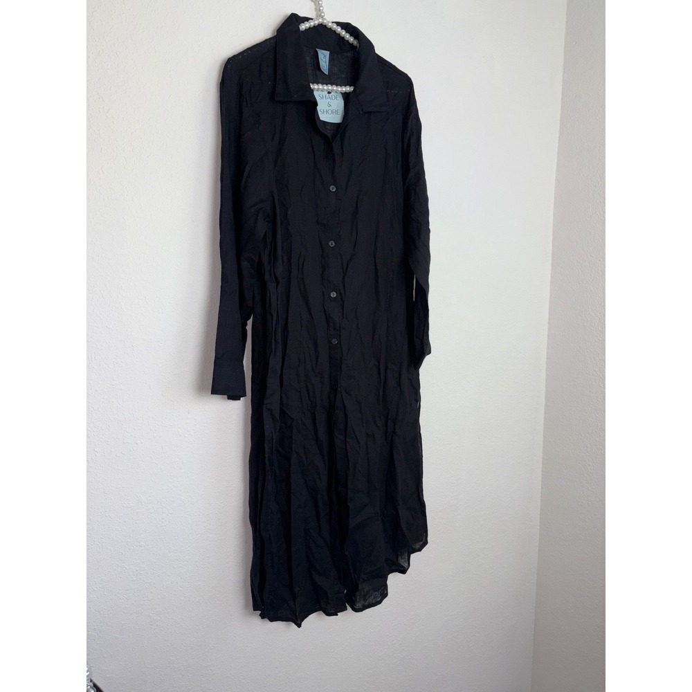 Shade Shore Black Linen Blend Button Front Long Sleeveβ Shirt Dress Small